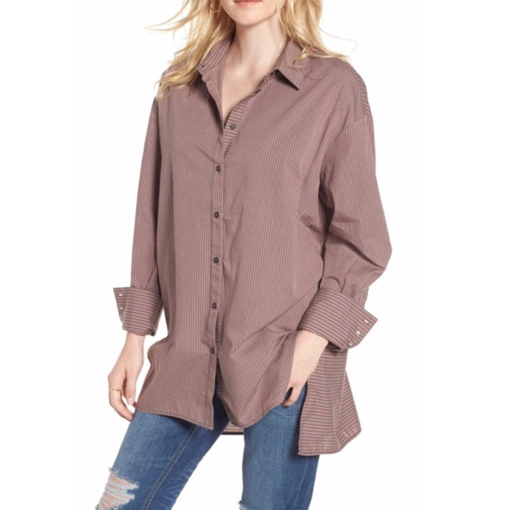 NWT Free People Lakehouse Oversized Shirt Long Sleeves Button Front Pink Sz S